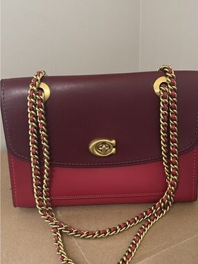 Coach Parker Leather Two-Tone Red Shoulder Bag with Gold Chain